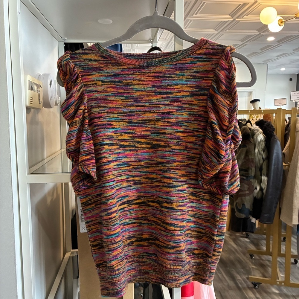Anthropologie knit ruffle sleeve multicolor short sleeve sweater top size XS